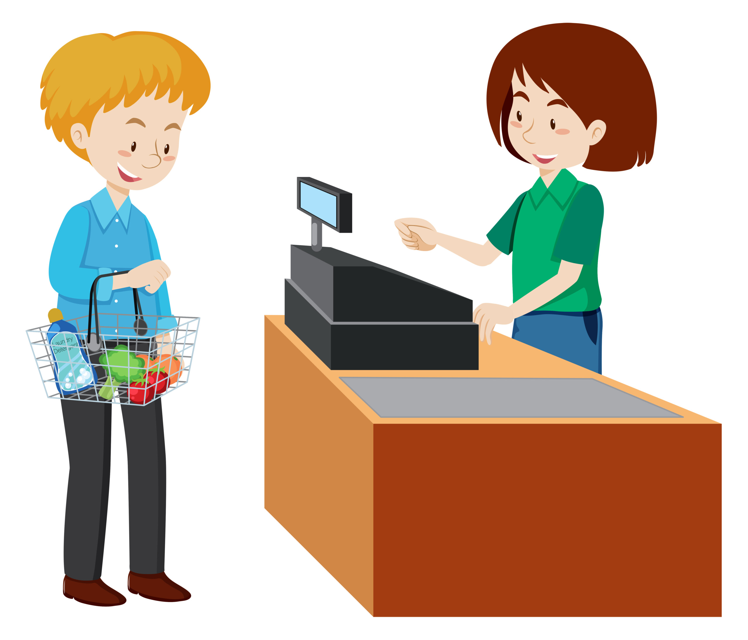 A man paying at the cashier of a supermarket  illustration